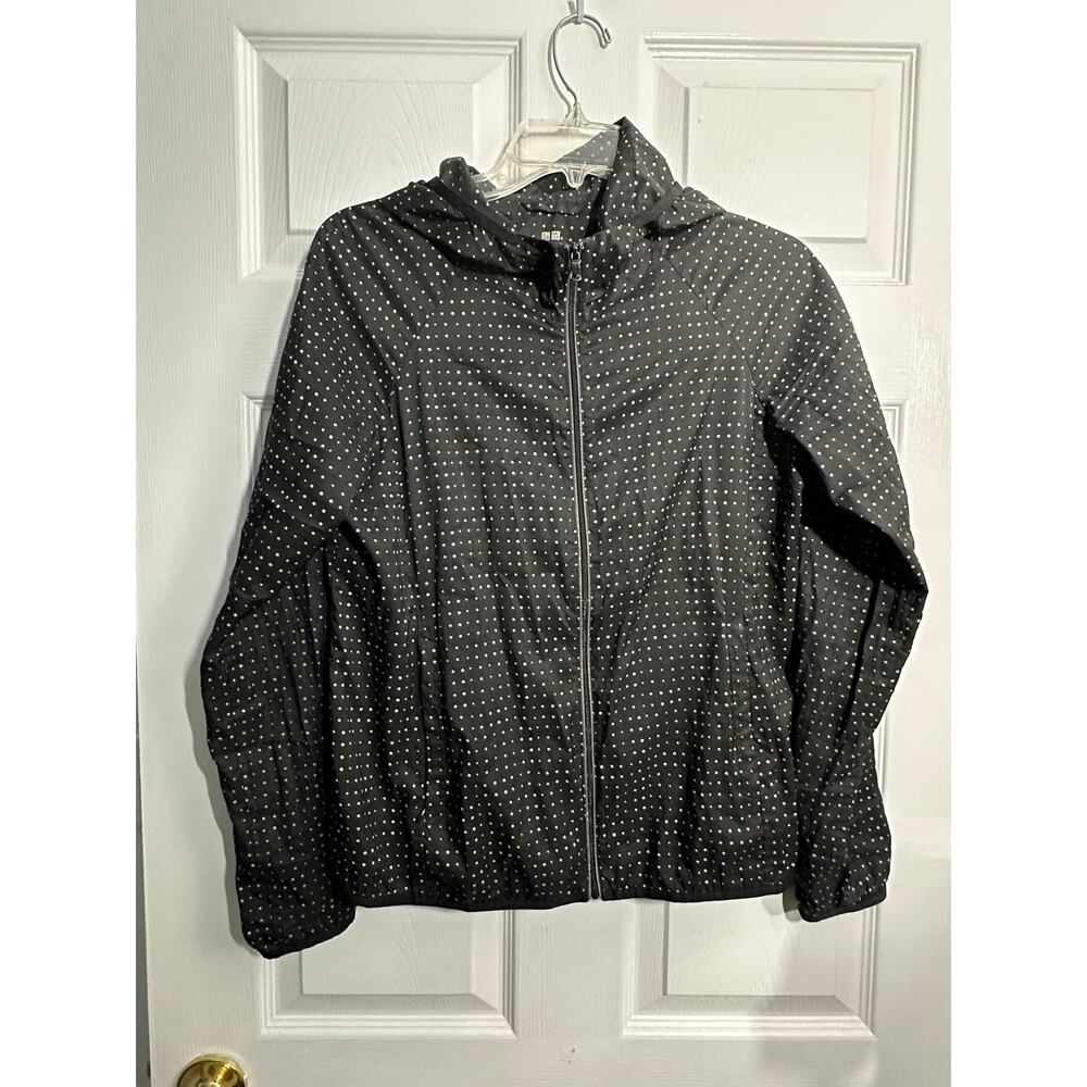Uniqlo Womens Black Polka Dot Full Zip Hoodie Windbreaker Jacket Small